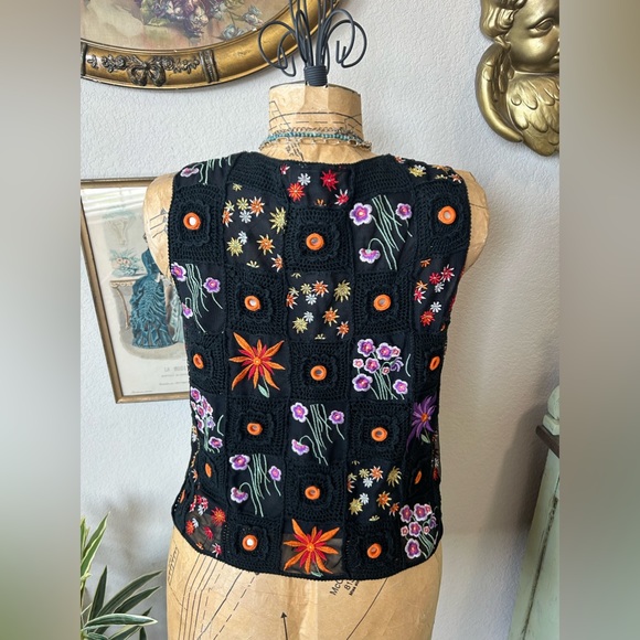 Jenni Max Y2K Black Colorful Crochet Embroider Sequin Silk Blend Boho Blouse XL - Picture 5 of 9